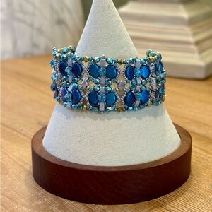 Blue Czech Glass Double Row Beadwoven Bracelet